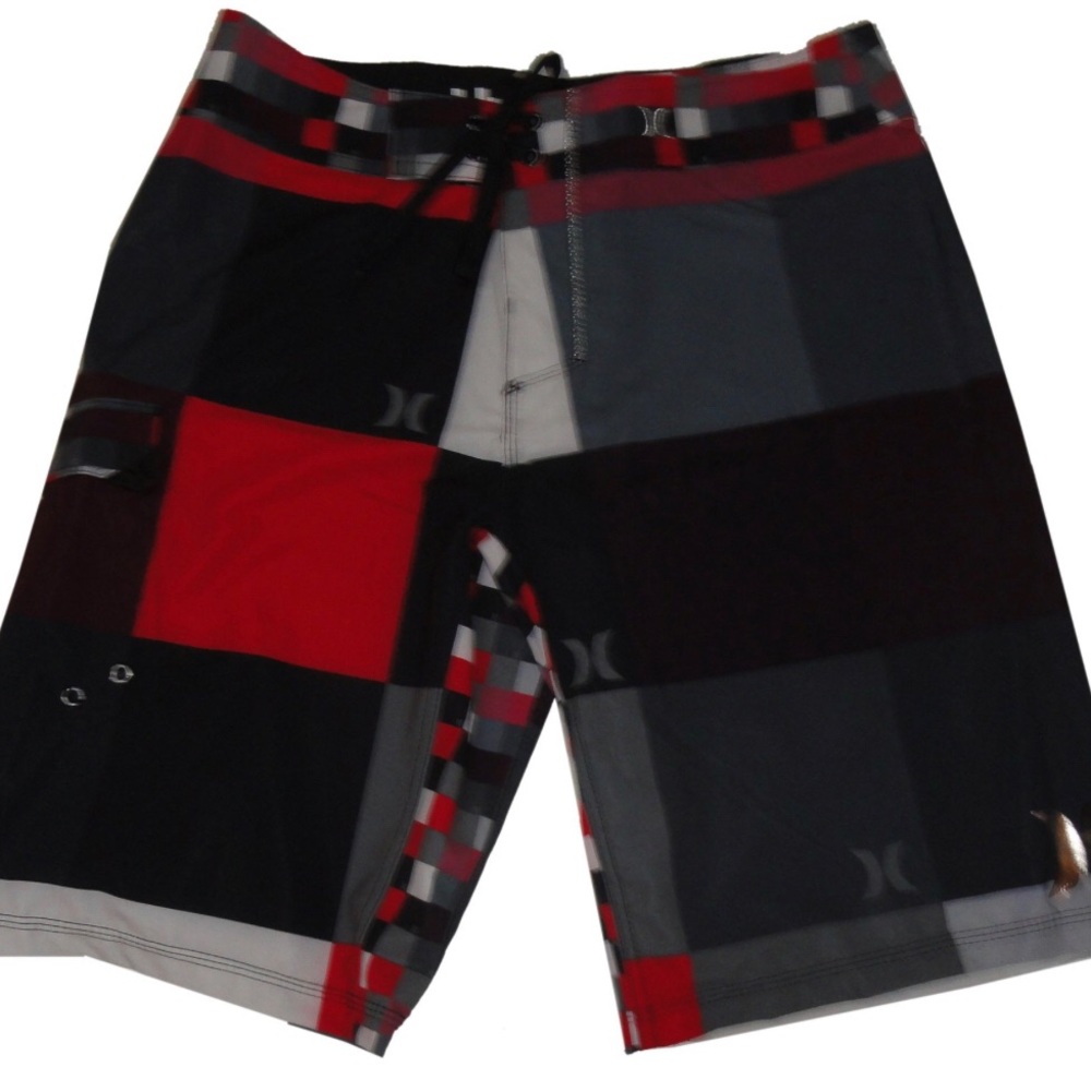 Hurley Men’s Red, Black & Gray Plaid Board Shorts